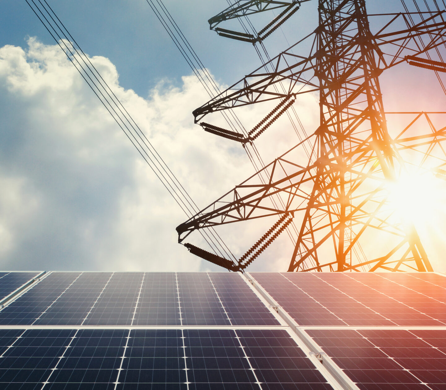 solar panel and high voltage tower with sunshine