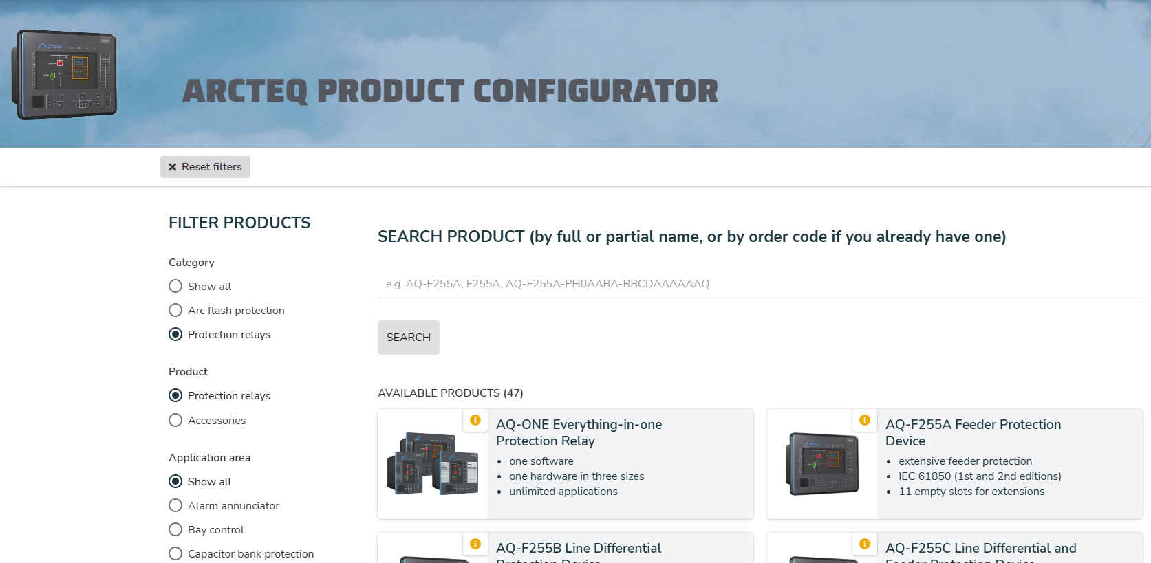 Screenshot of Arcteq's product configurator main page